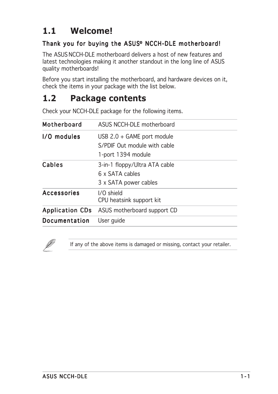 1 welcome, 2 package contents | Asus NCCH-DLE User Manual | Page 15 / 180