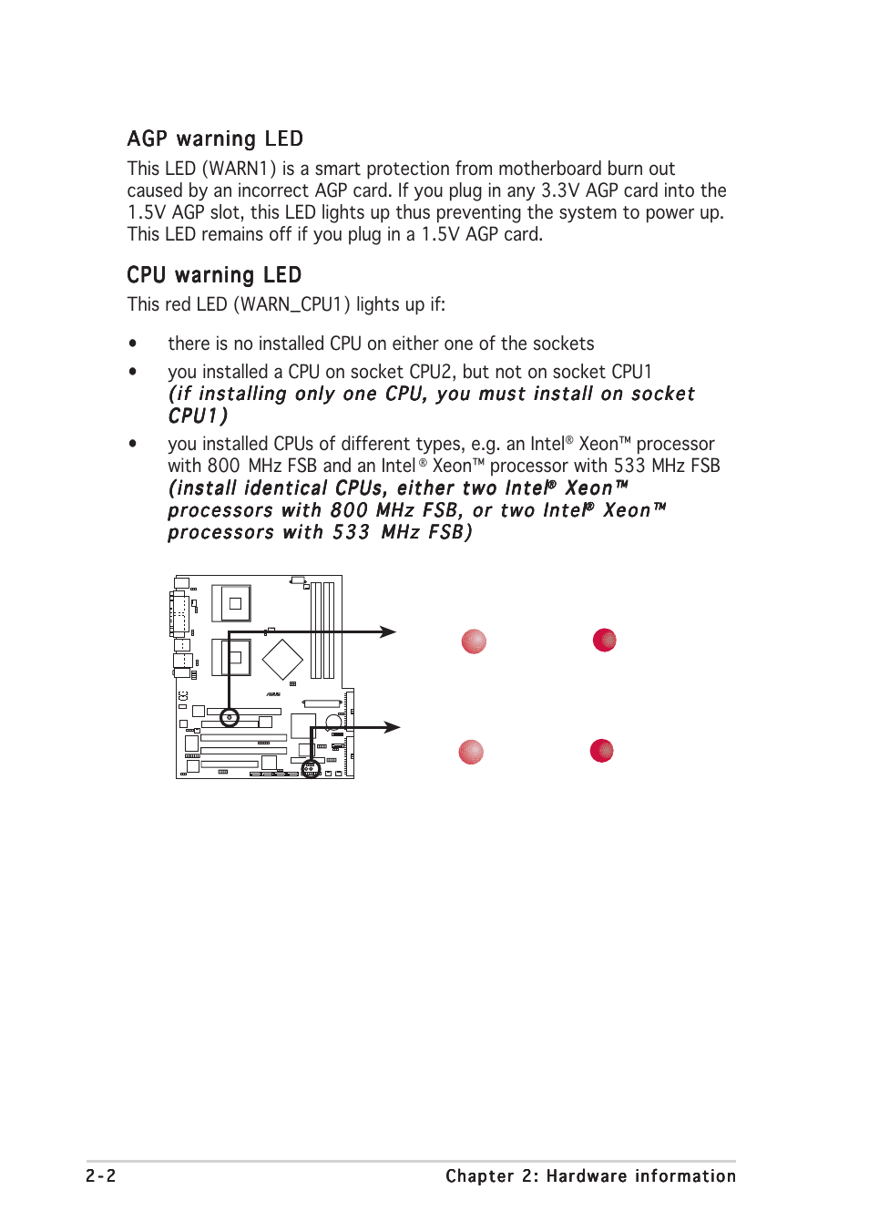 Agp warning led, Cpu warning led | Asus NCCH-DLE User Manual | Page 22 / 180