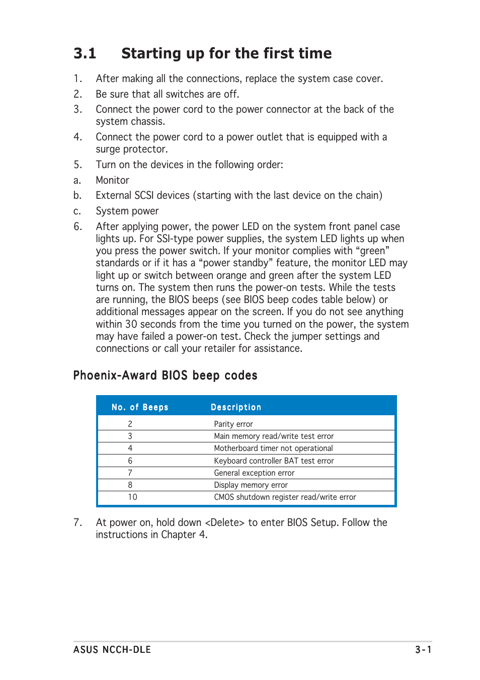 1 starting up for the first time, Phoenix-award bios beep codes | Asus NCCH-DLE User Manual | Page 57 / 180