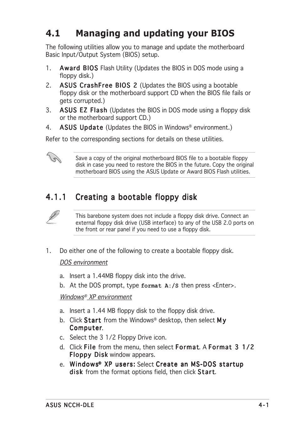 1 managing and updating your bios | Asus NCCH-DLE User Manual | Page 63 / 180