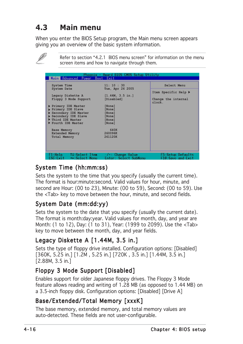 3 main menu, System time (hh:mm:ss), System date (mm:dd:yy) | Floppy 3 mode support | Asus NCCH-DLE User Manual | Page 78 / 180