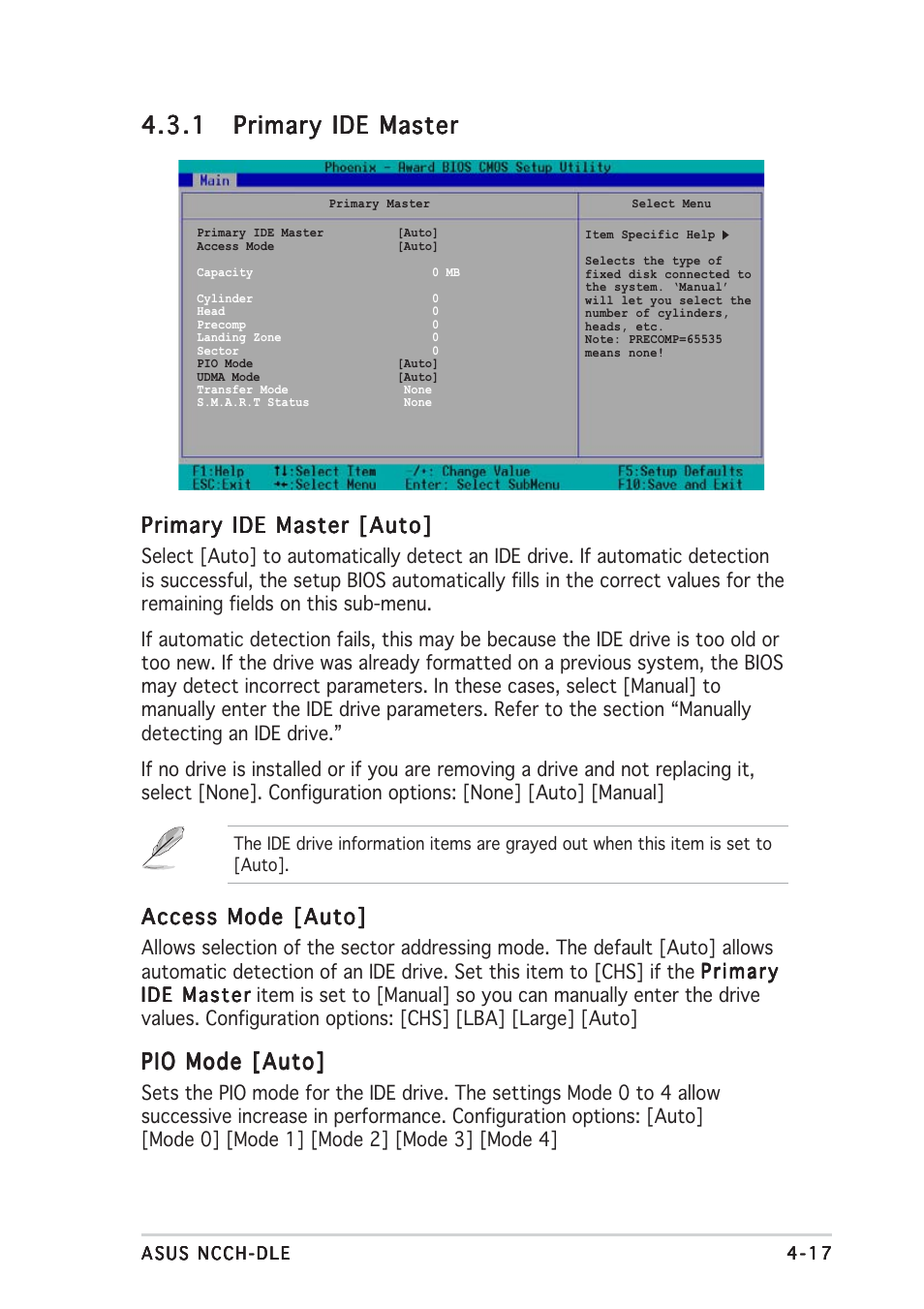 Primary ide master [auto, Access mode [auto, Pio mode [auto | Asus NCCH-DLE User Manual | Page 79 / 180