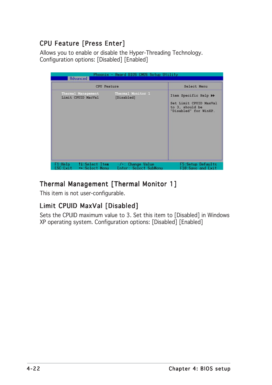 Thermal management [thermal monitor 1, Limit cpuid maxval [disabled, Cpu feature [press enter | Asus NCCH-DLE User Manual | Page 84 / 180