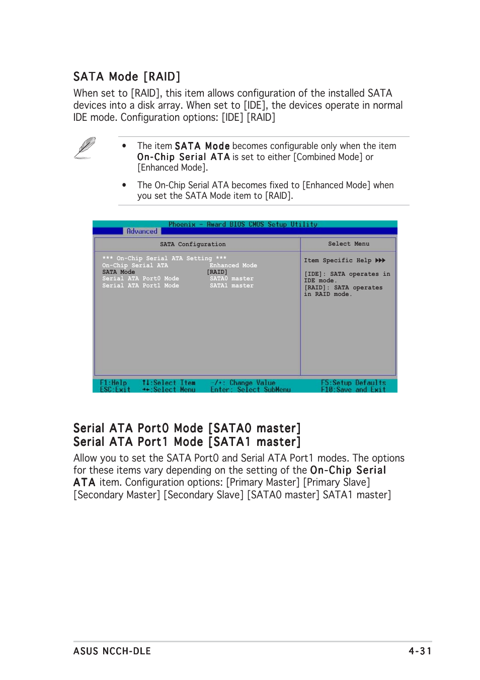 Sata mode [raid, Serial ata port0 mode [sata0 master | Asus NCCH-DLE User Manual | Page 93 / 180