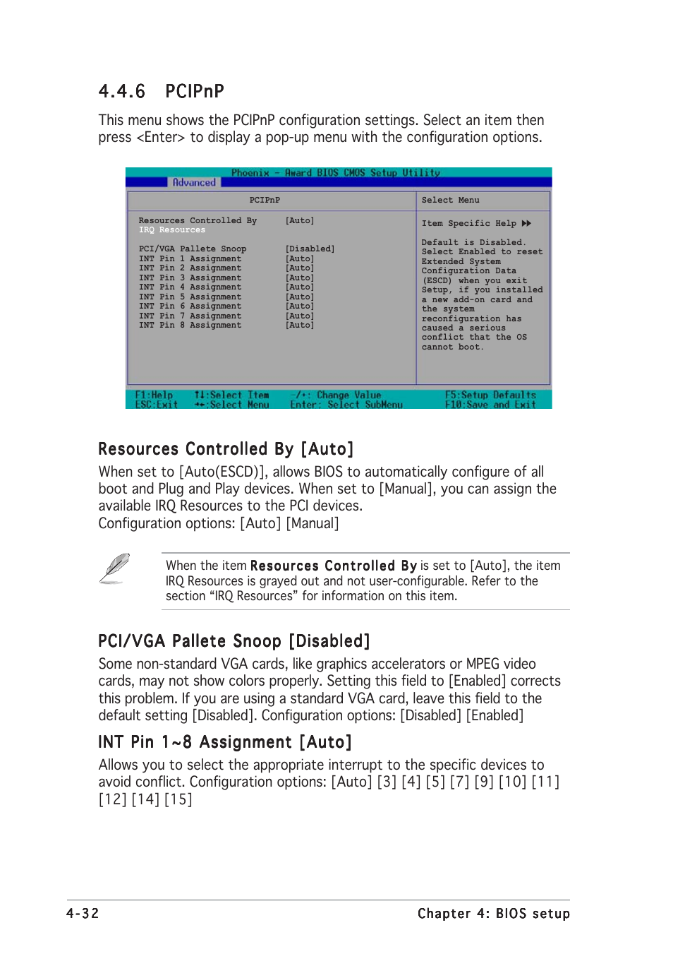 6 pcipnp pcipnp pcipnp pcipnp pcipnp, Resources controlled by [auto, Pci/vga pallete snoop [disabled | Int pin 1~8 assignment [auto | Asus NCCH-DLE User Manual | Page 94 / 180