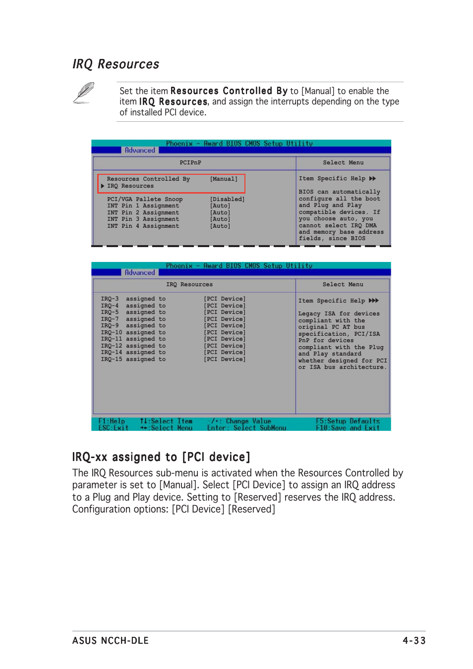 Irq resources, Irq-xx assigned to [pci device | Asus NCCH-DLE User Manual | Page 95 / 180