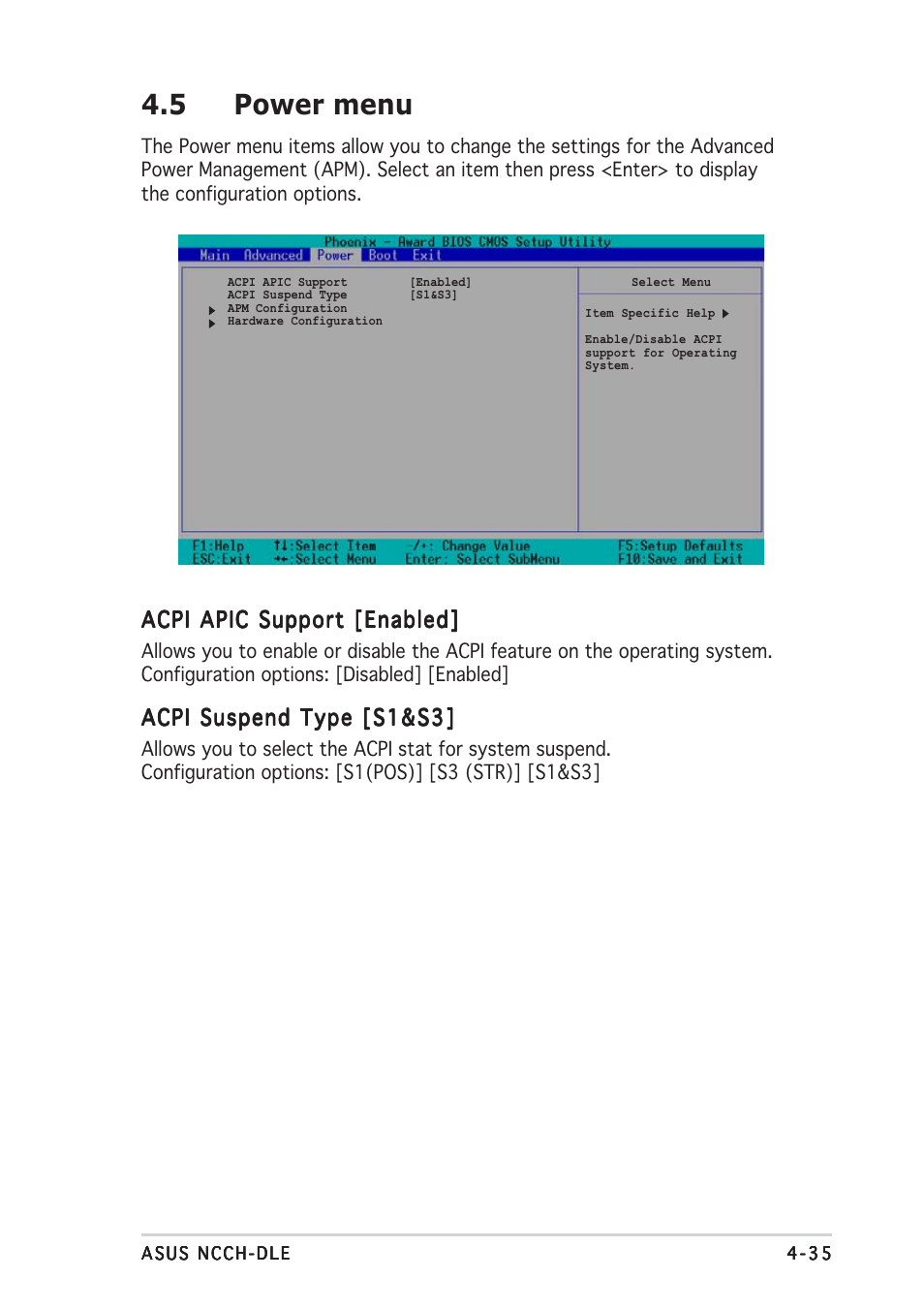 5 power menu, Acpi apic support [enabled, Acpi suspend type [s1&s3 | Asus NCCH-DLE User Manual | Page 97 / 180