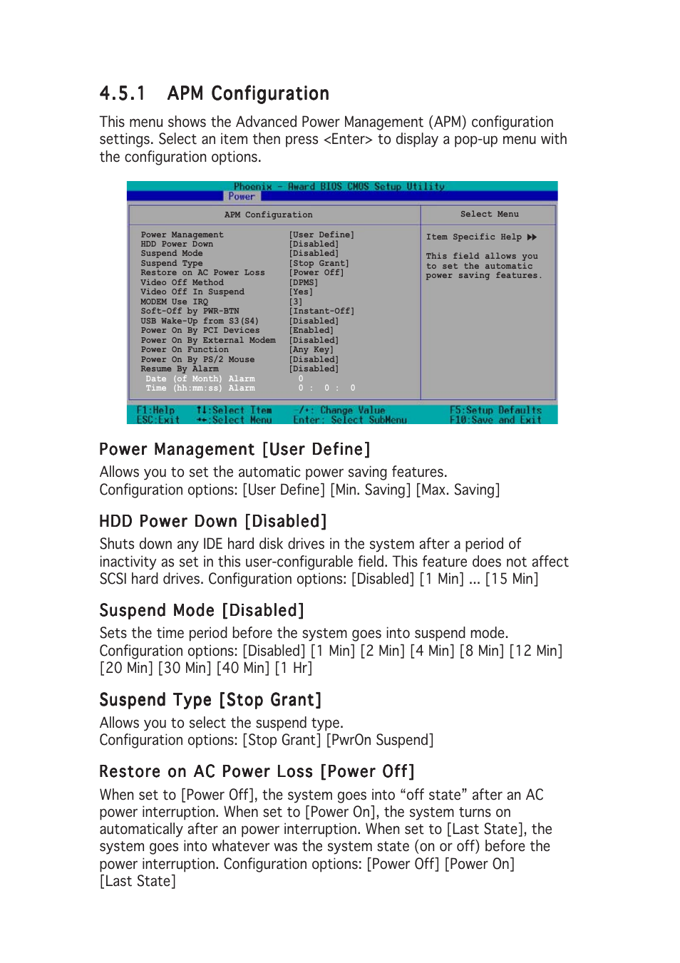 Power management [user define, Hdd power down [disabled, Suspend mode [disabled | Suspend type [stop grant, Restore on ac power loss [power off | Asus NCCH-DLE User Manual | Page 98 / 180