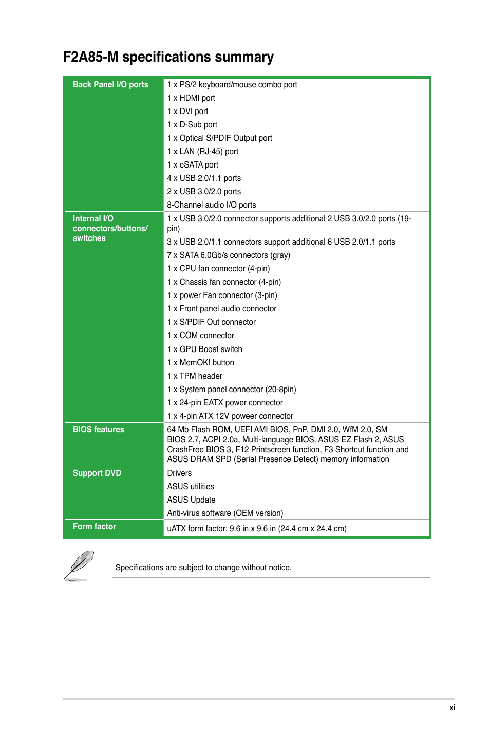 F2a85-m specifications summary | Asus F2A85-M User Manual | Page 11 / 86