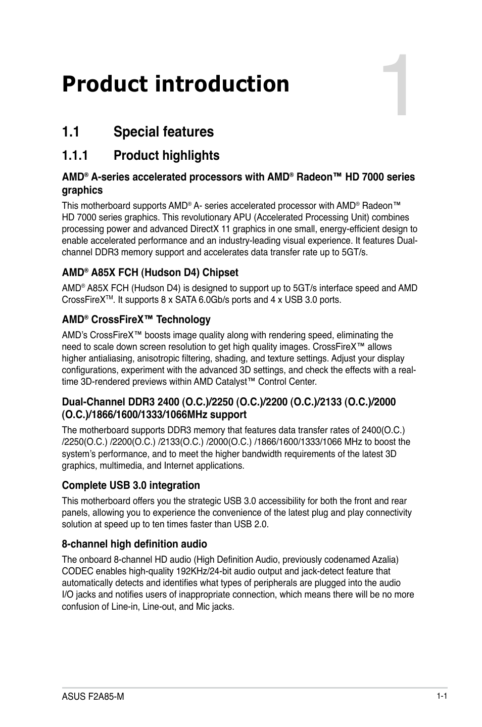 Product introduction, 1 special features, 1 product highlights | Special features -1 1.1.1, Product highlights -1 | Asus F2A85-M User Manual | Page 13 / 86