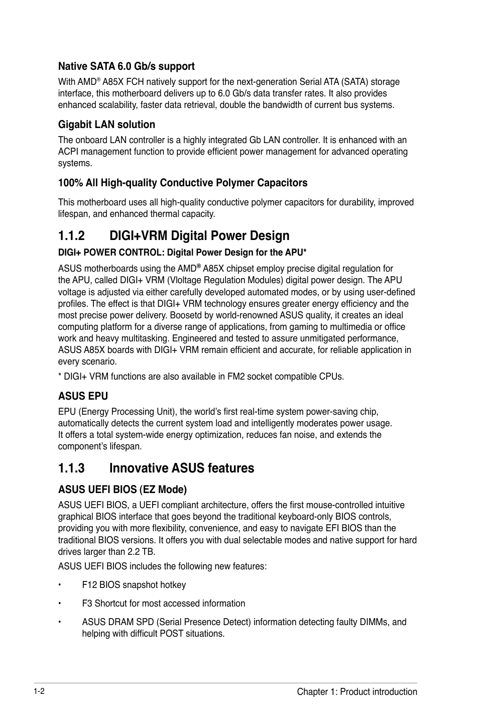 2 digi+vrm digital power design, 3 innovative asus features, Digi+vrm digital power design -2 | Innovative asus features -2 | Asus F2A85-M User Manual | Page 14 / 86