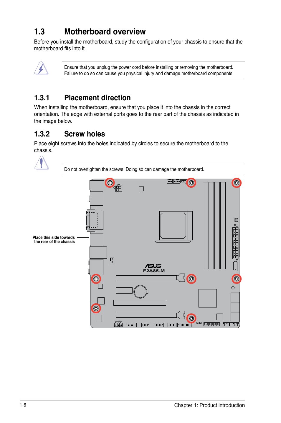 3 motherboard overview, 1 placement direction, 2 screw holes | Motherboard overview -6 1.3.1, Placement direction -6, Screw holes -6 | Asus F2A85-M User Manual | Page 18 / 86