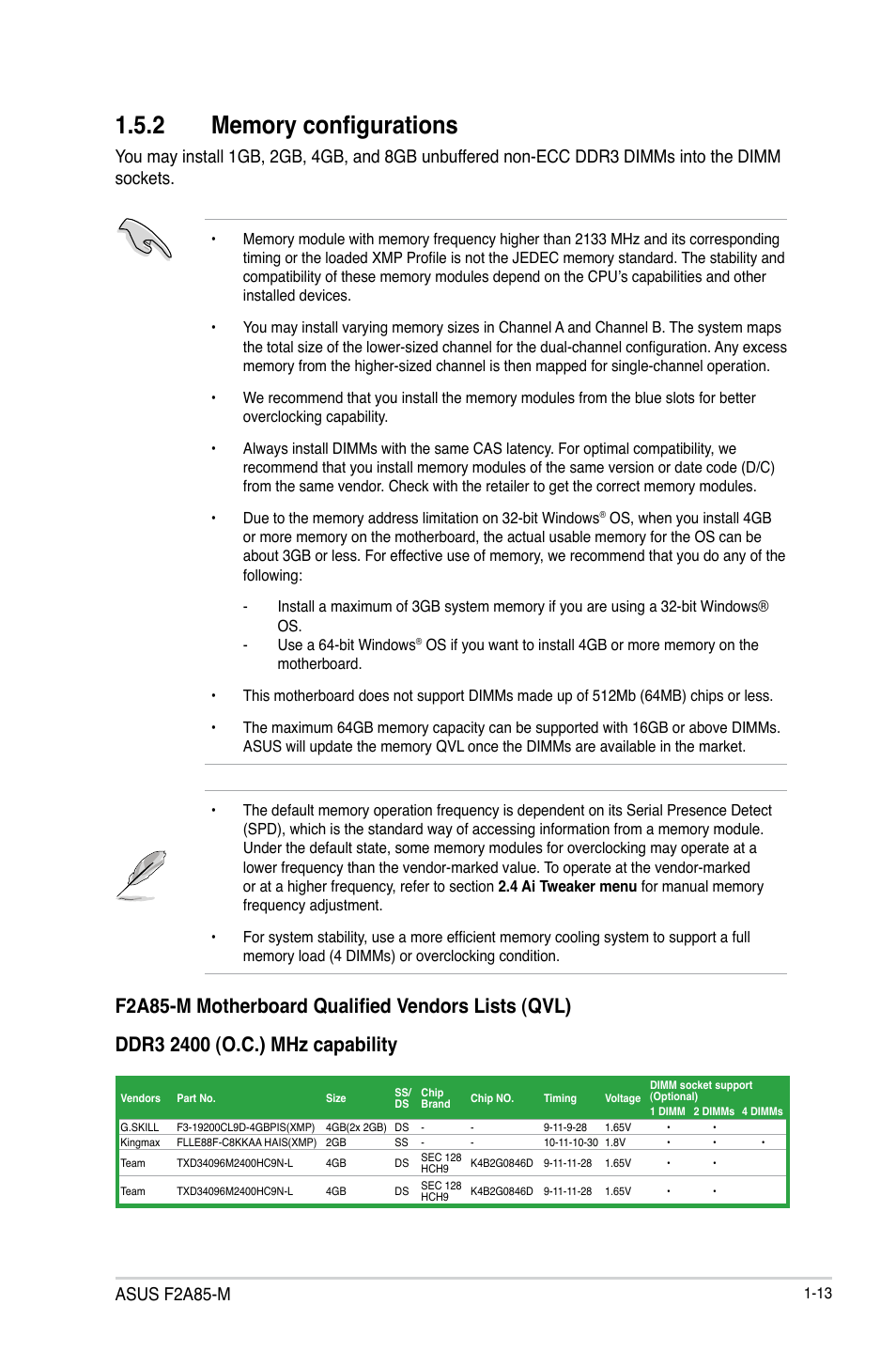 2 memory configurations, Memory configurations -13, Asus f2a85-m | Asus F2A85-M User Manual | Page 25 / 86