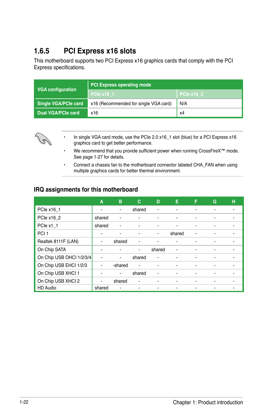 5 pci express x16 slots, Pci express x16 slots -22, Irq assignments for this motherboard | Asus F2A85-M User Manual | Page 34 / 86