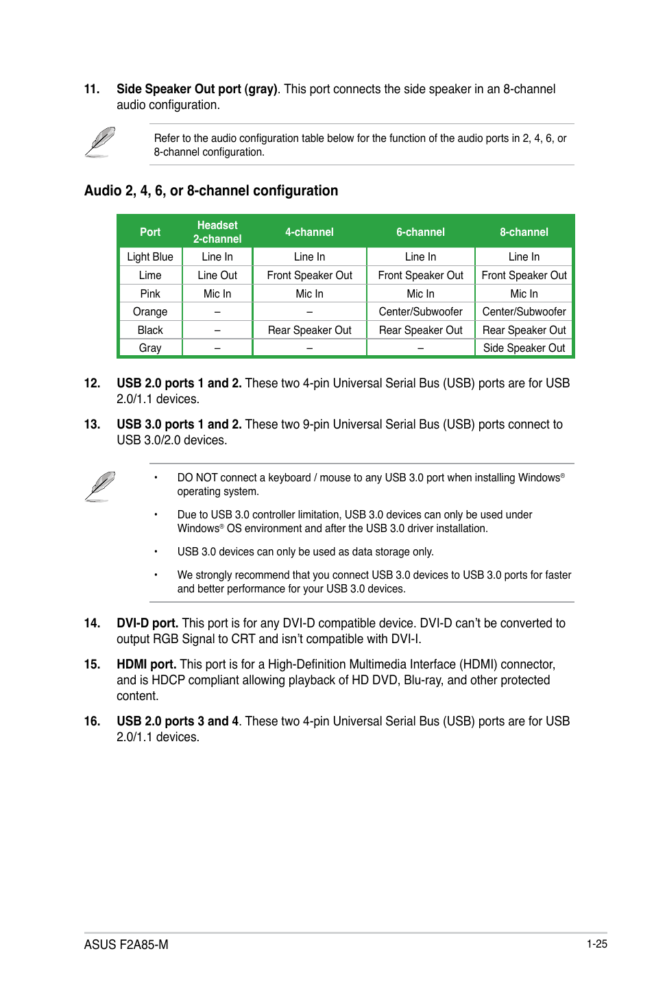 Audio 2, 4, 6, or 8-channel configuration | Asus F2A85-M User Manual | Page 37 / 86