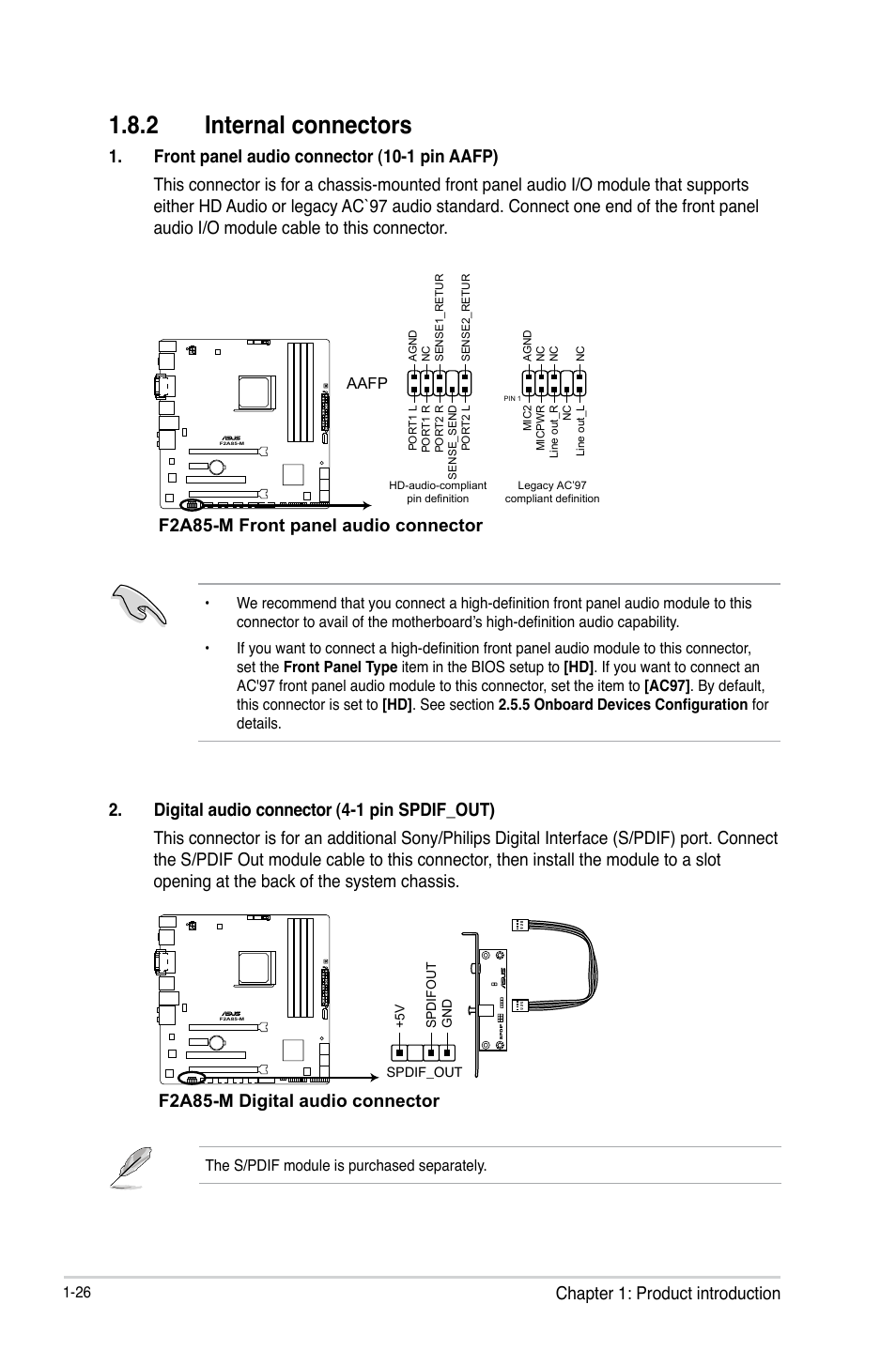 2 internal connectors, Internal connectors -26, Chapter 1: product introduction | F2a85-m front panel audio connector, F2a85-m digital audio connector | Asus F2A85-M User Manual | Page 38 / 86