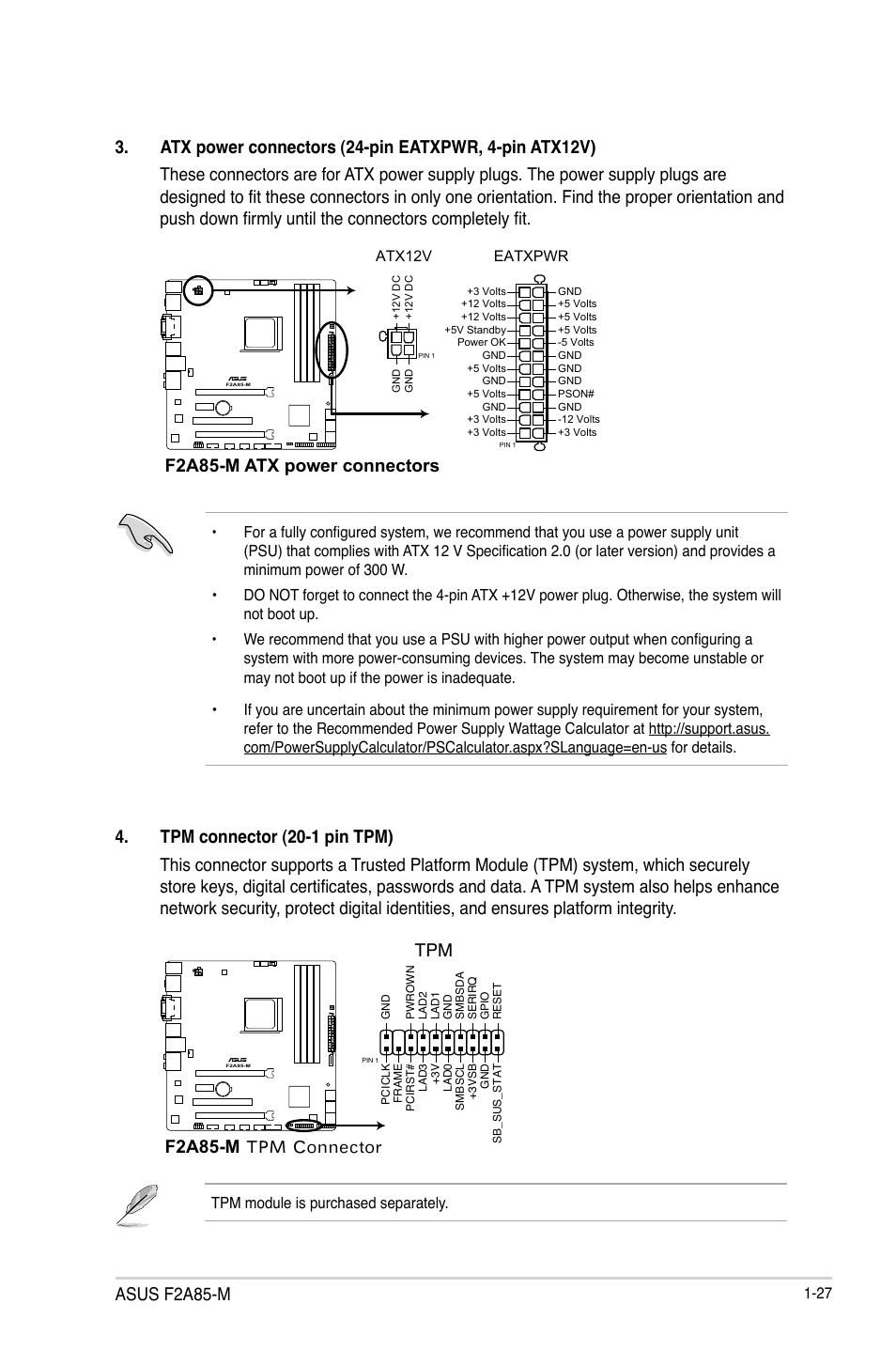 Asus f2a85-m, F2a85-m atx power connectors, F2a85-m tpm connector | Asus F2A85-M User Manual | Page 39 / 86