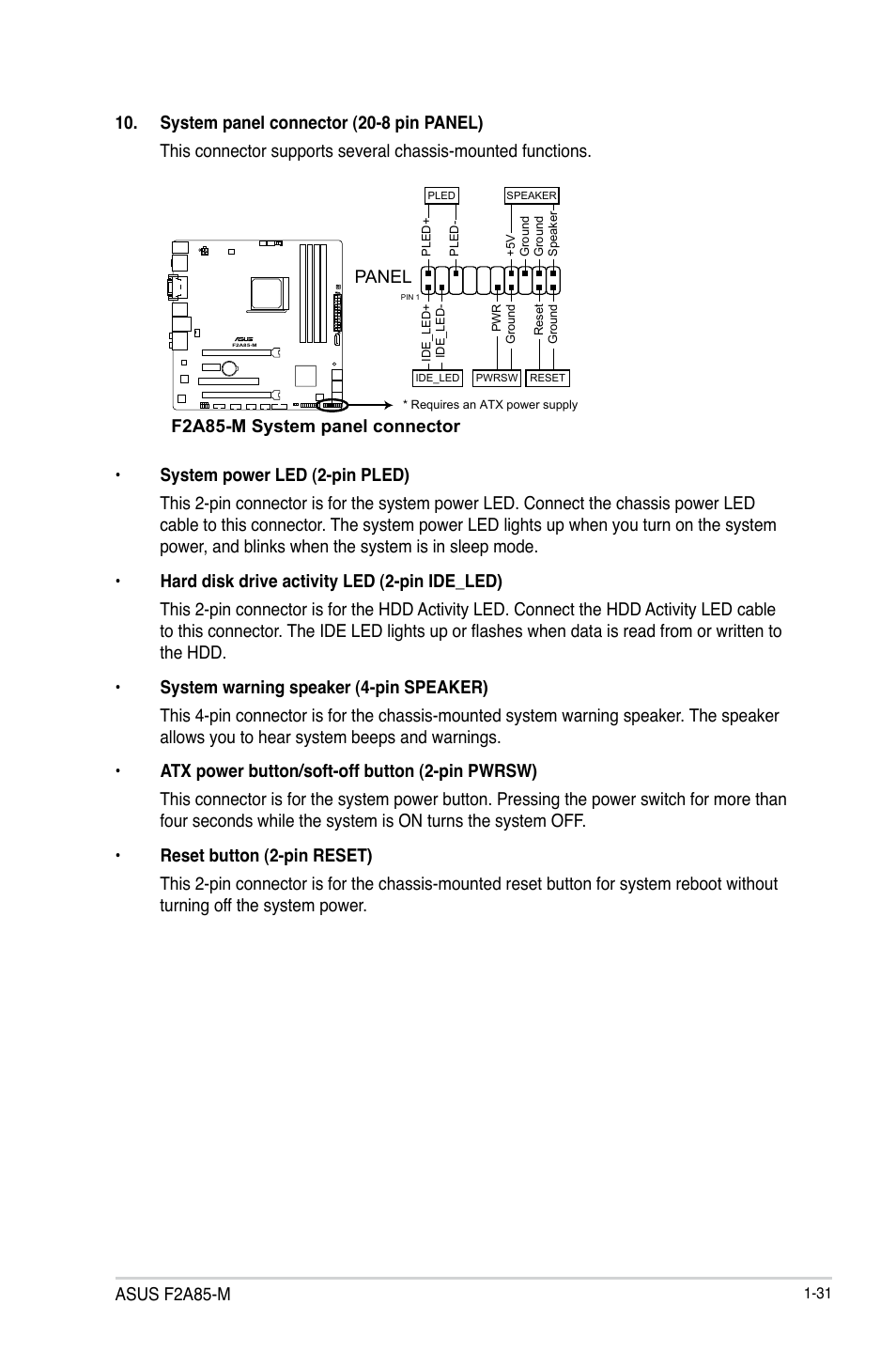 Asus f2a85-m, F2a85-m system panel connector, Panel | Asus F2A85-M User Manual | Page 43 / 86