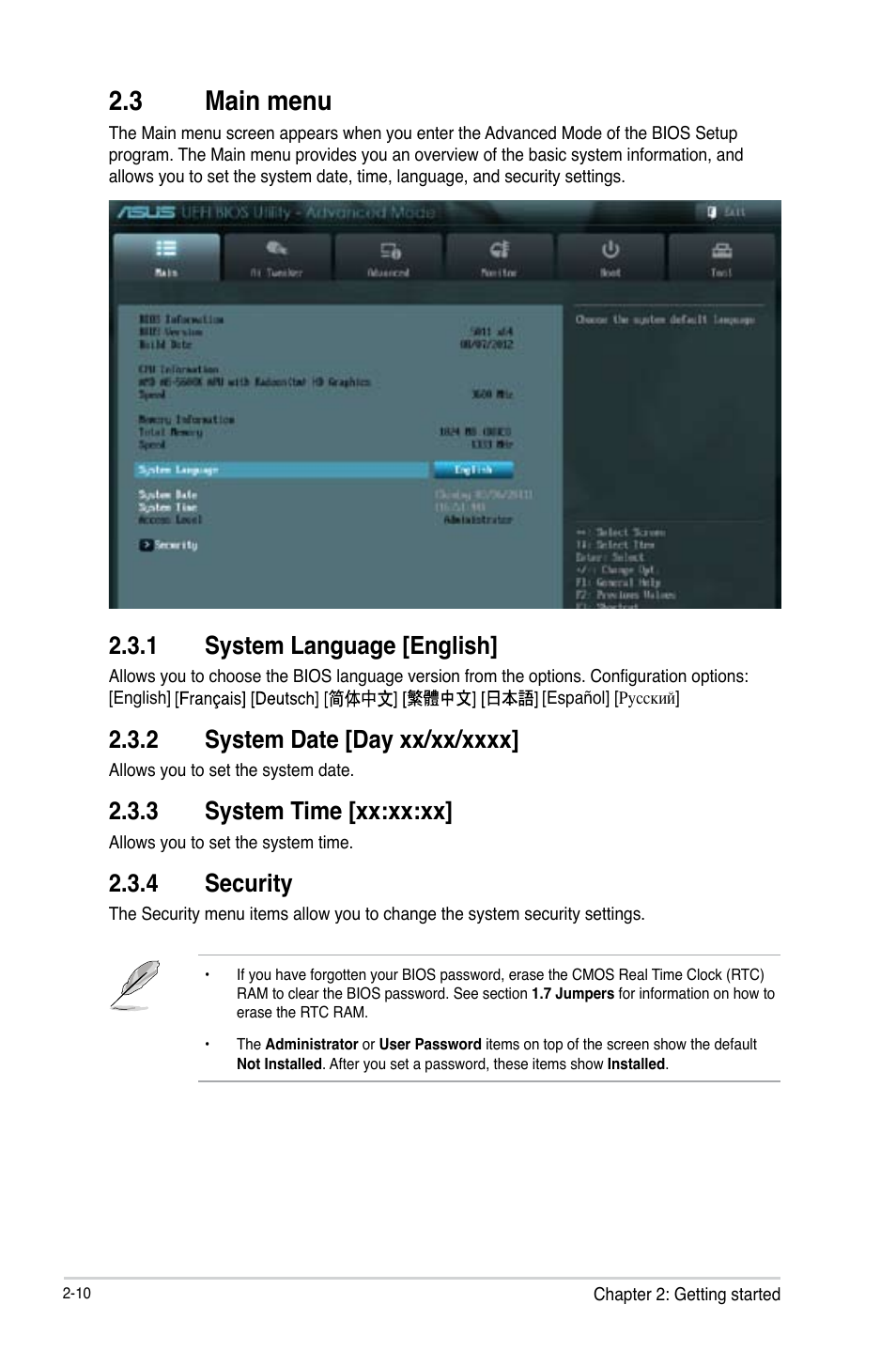 3 main menu, 1 system language [english, 2 system date [day xx/xx/xxxx | 3 system time [xx:xx:xx, 4 security, Main menu -10 2.3.1, System language [english] -10, System date [day xx/xx/xxxx] -10, System time [xx:xx:xx] -10, Security -10 | Asus F2A85-M User Manual | Page 58 / 86