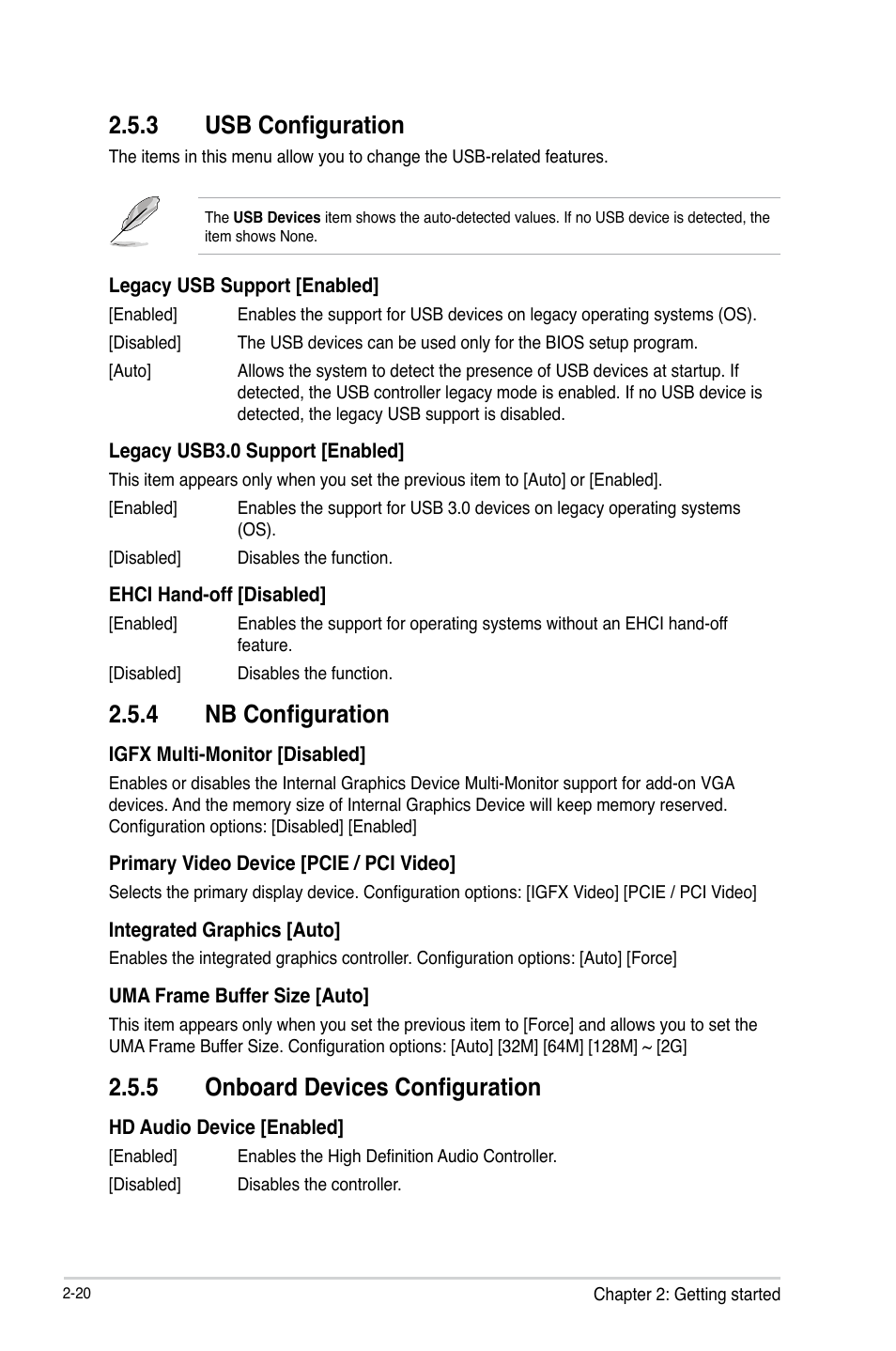 3 usb configuration, 4 nb configuration, 5 onboard devices configuration | Usb configuration -20, Nb configuration -20, Onboard devices configuration -20 | Asus F2A85-M User Manual | Page 68 / 86