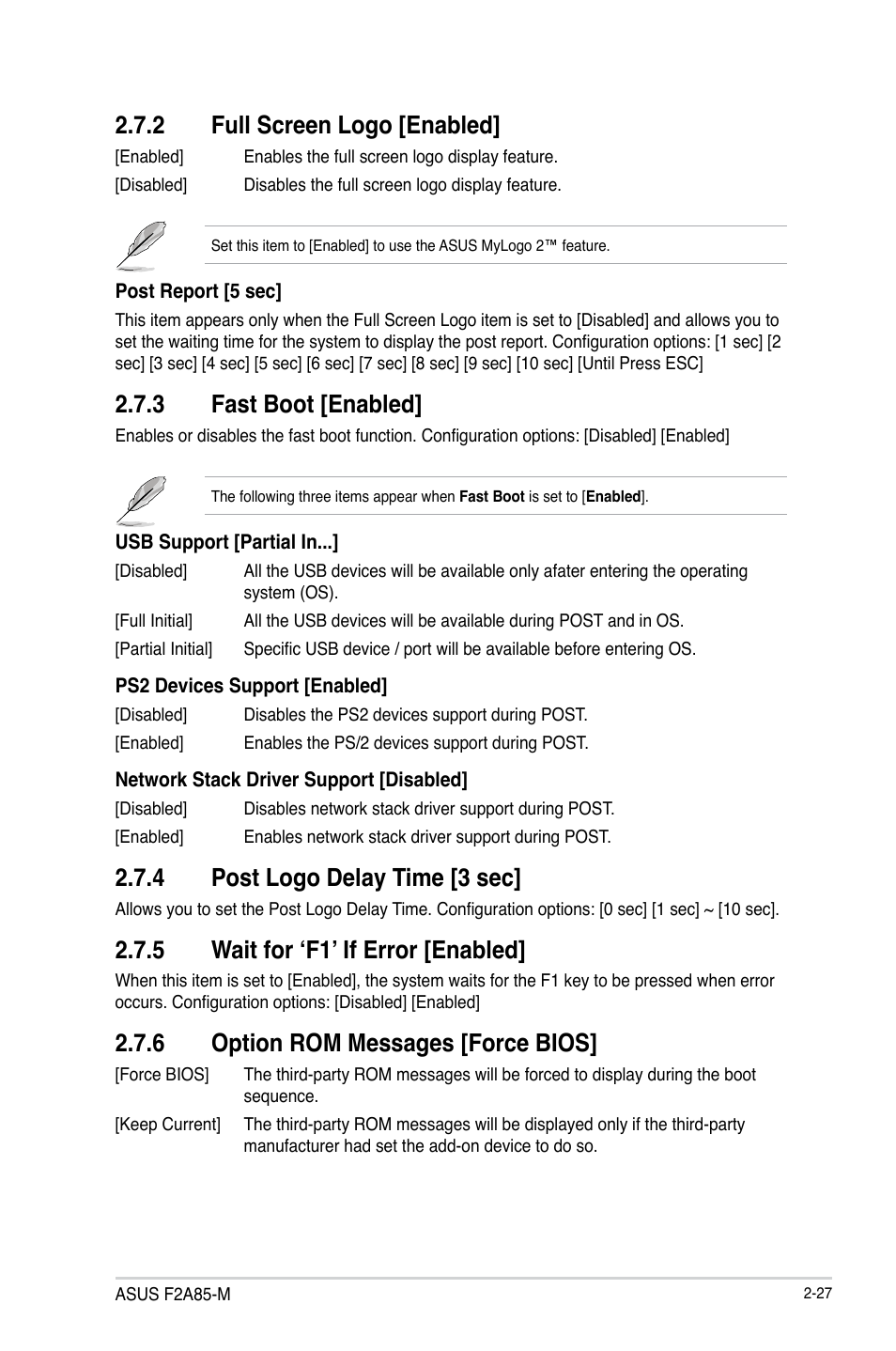 2 full screen logo [enabled, 3 fast boot [enabled, 4 post logo delay time [3 sec | 5 wait for ‘f1’ if error [enabled, 6 option rom messages [force bios, Full screen logo [enabled] -27, Fast boot [enabled] -27, Post logo delay time [3 sec] -27, Wait for ‘f1’ if error [enabled] -27, Option rom messages [force bios] -27 | Asus F2A85-M User Manual | Page 75 / 86