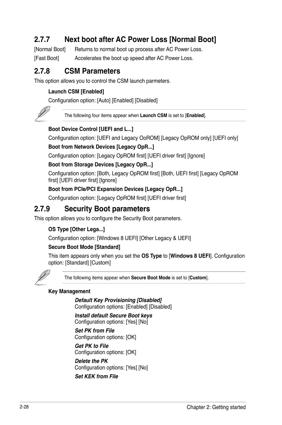 7 next boot after ac power loss [normal boot, 8 csm parameters, 9 security boot parameters | Next boot after ac power loss [normal boot] -28, Csm parameters -28, Security boot parameters -28 | Asus F2A85-M User Manual | Page 76 / 86