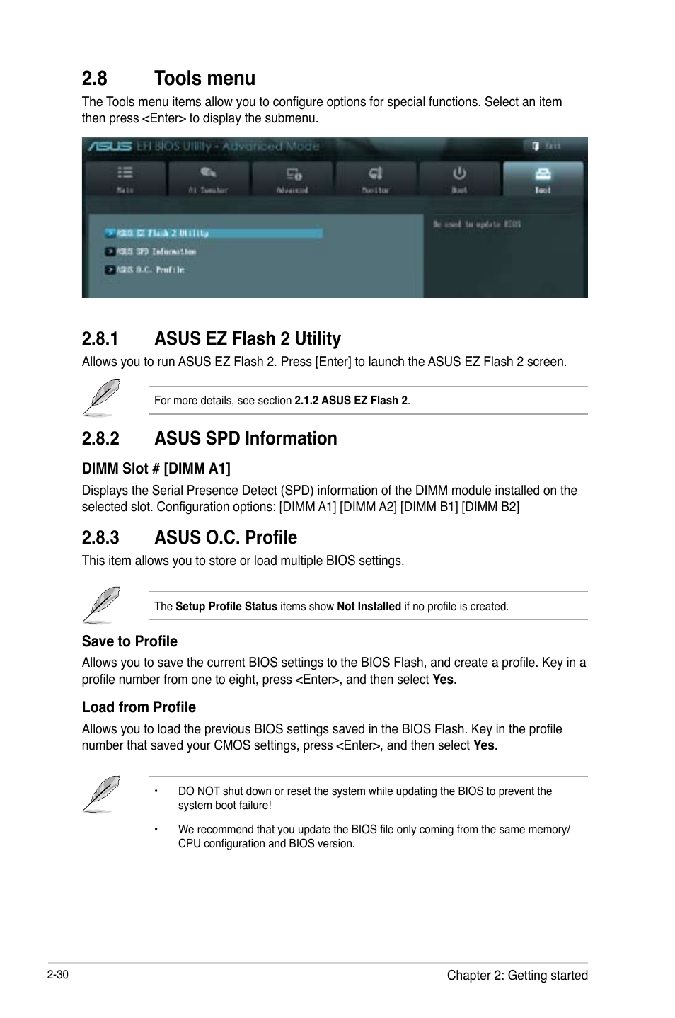 8 tools menu, 1 asus ez flash 2 utility, 2 asus spd information | 3 asus o.c. profile, Tools menu -30 2.8.1, Asus ez flash 2 utility -30, Asus spd information -30, Asus o.c. profile -30 | Asus F2A85-M User Manual | Page 78 / 86