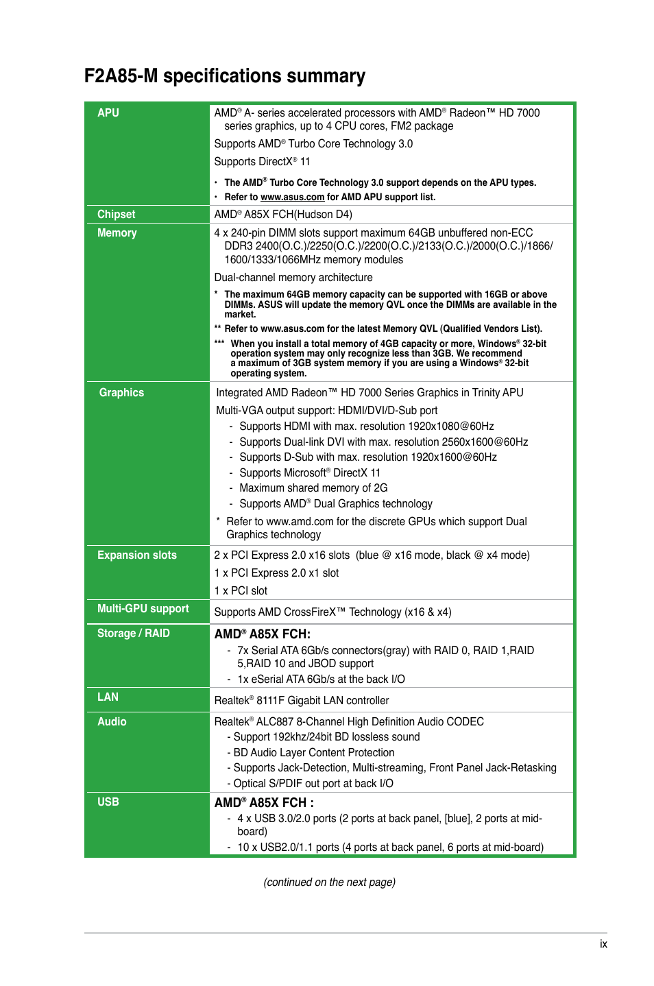 F2a85-m specifications summary, A85x fch | Asus F2A85-M User Manual | Page 9 / 86