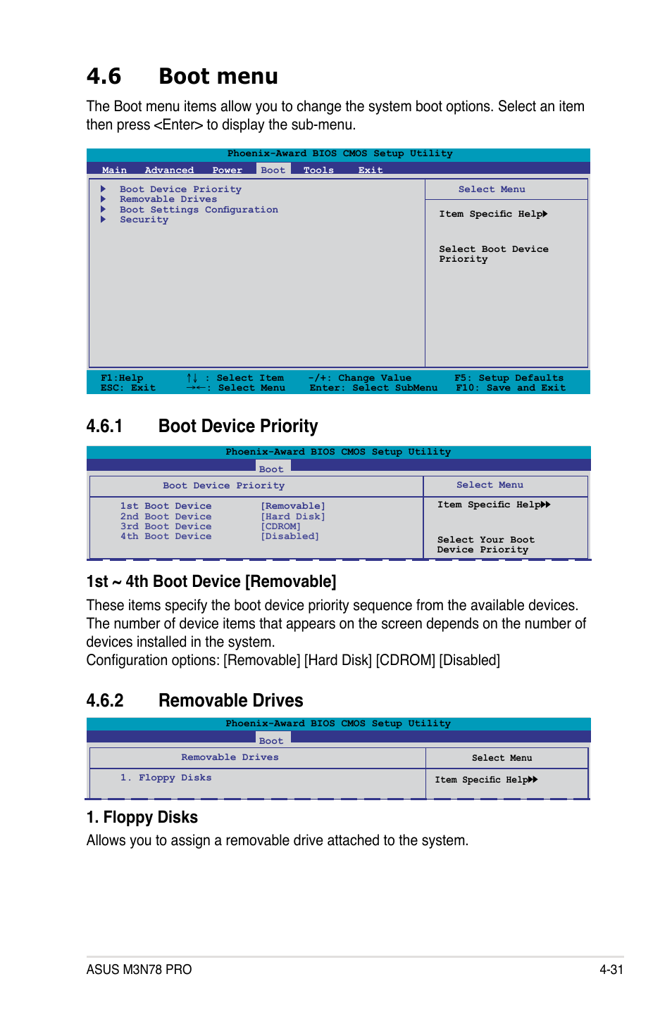 6 boot menu, 1 boot device priority, 2 removable drives | Boot menu -31 4.6.1, Boot device priority -31, Removable drives -31, 1st ~ 4th boot device [removable, Floppy disks | Asus M3N78 Pro User Manual | Page 101 / 168