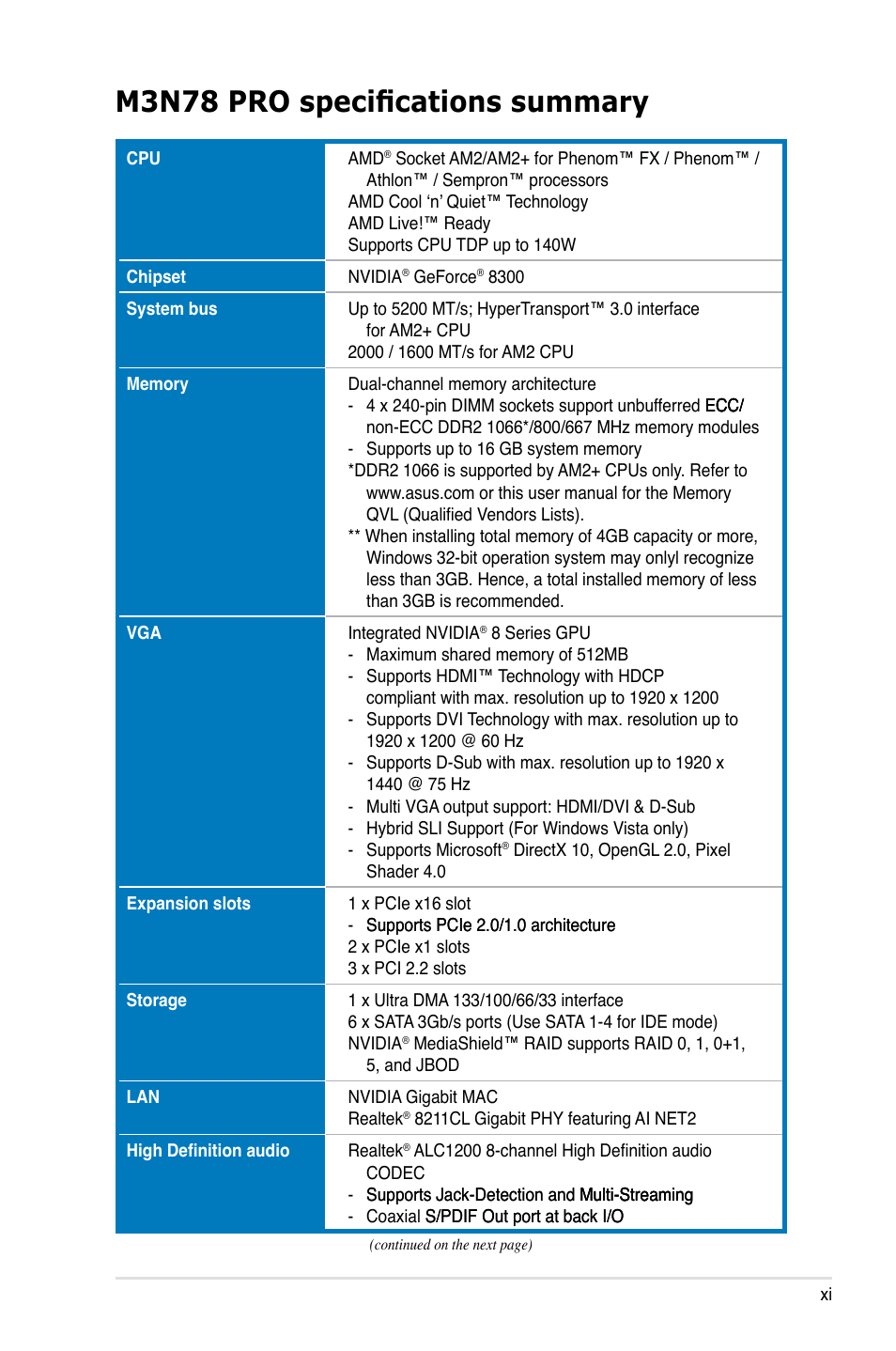 M3n78 pro specifications summary | Asus M3N78 Pro User Manual | Page 11 / 168