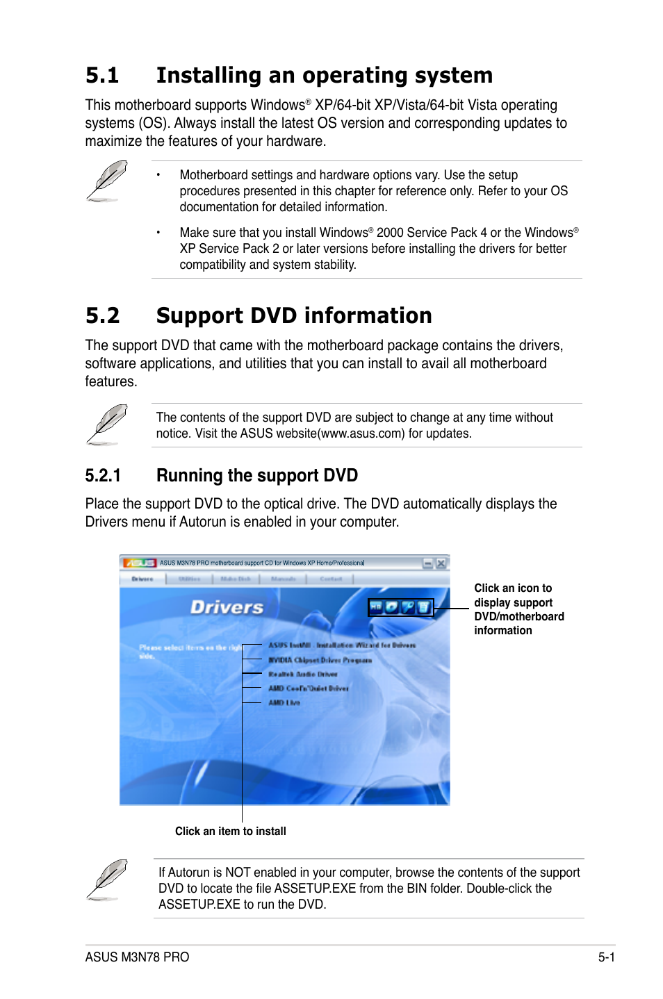 1 installing an operating system, 2 support dvd information, 1 running the support dvd | Installing an operating system -1, Support dvd information -1 5.2.1, Running the support dvd -1 | Asus M3N78 Pro User Manual | Page 111 / 168