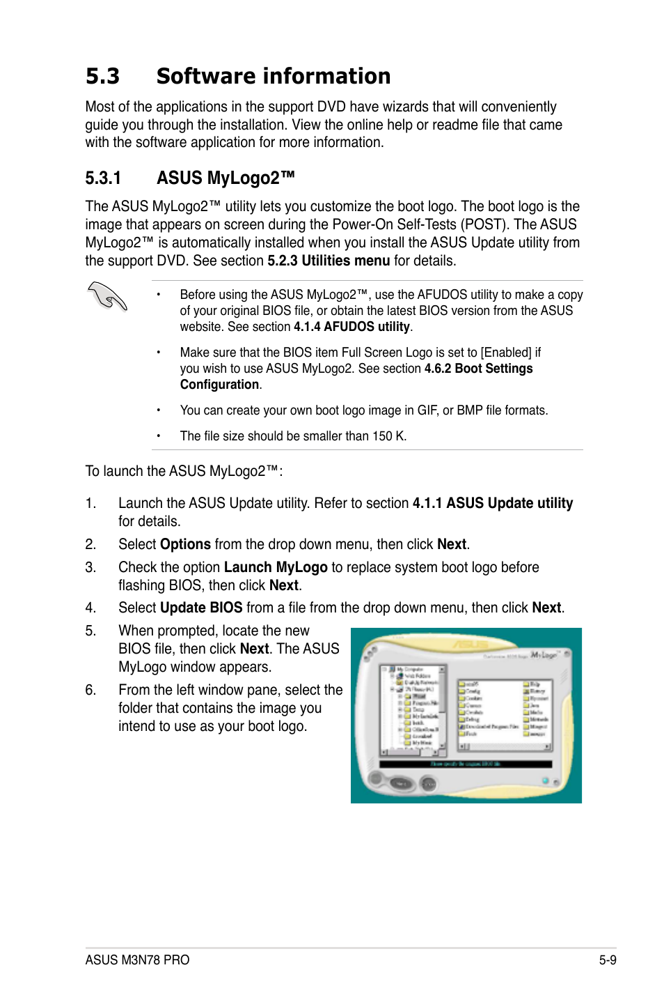 3 software information, 1 asus mylogo2, Software information -9 5.3.1 | Asus mylogo2™ -9 | Asus M3N78 Pro User Manual | Page 119 / 168