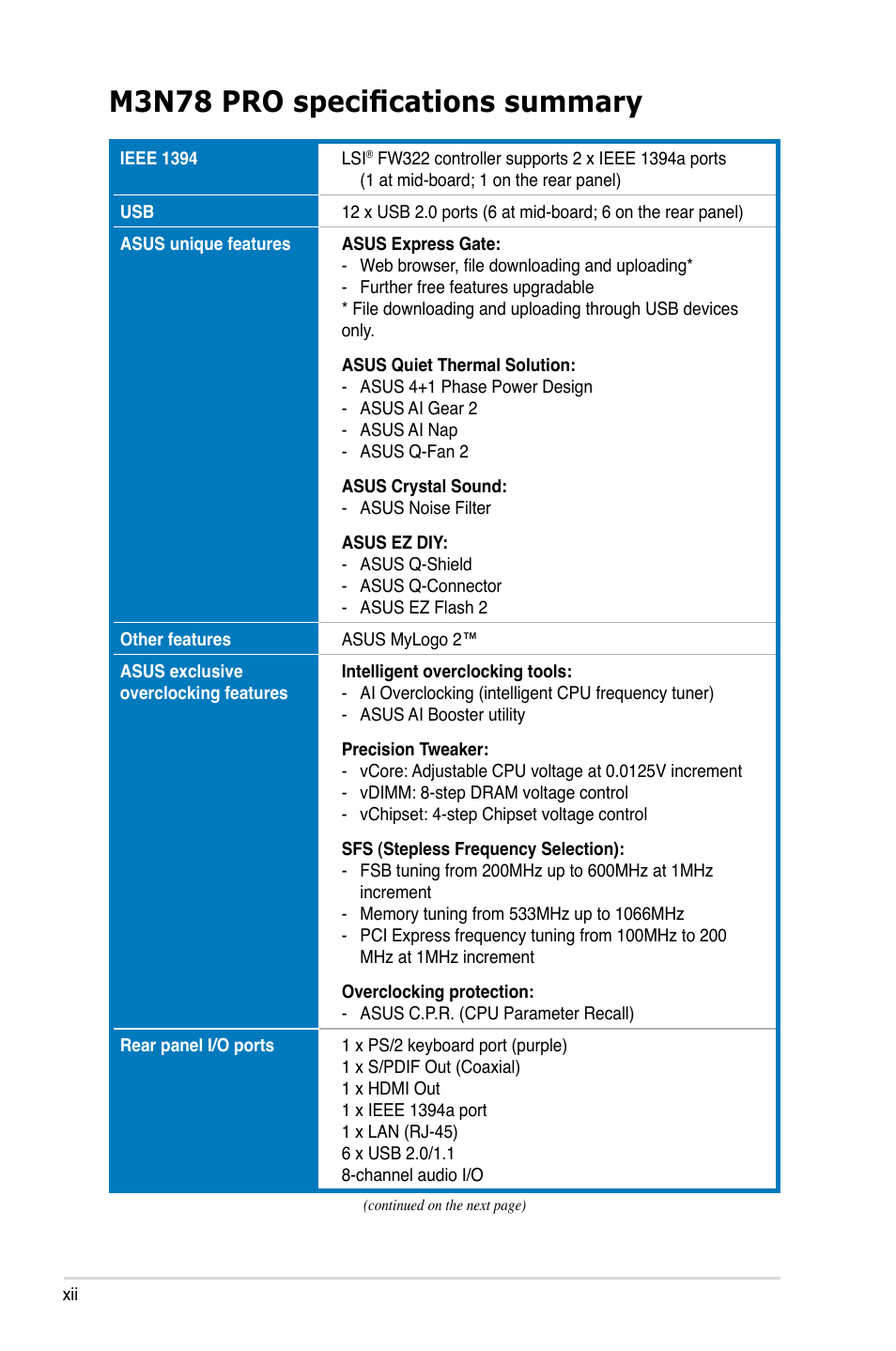M3n78 pro specifications summary | Asus M3N78 Pro User Manual | Page 12 / 168