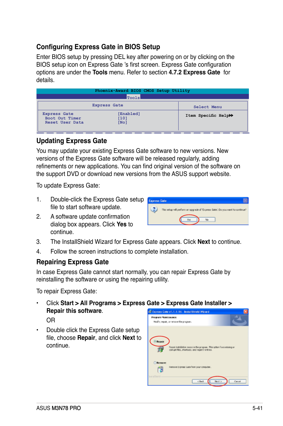 Configuring express gate in bios setup, Updating express gate, Repairing express gate | Asus M3N78 Pro User Manual | Page 151 / 168