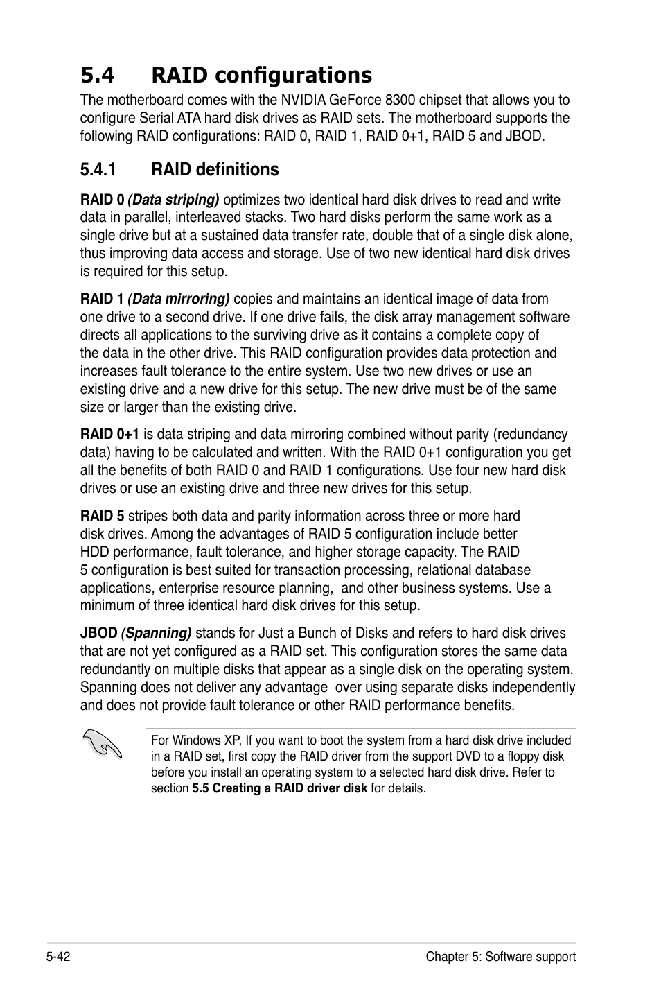 4 raid configurations, 1 raid definitions, Raid configurations -42 5.4.1 | Raid definitions -42 | Asus M3N78 Pro User Manual | Page 152 / 168