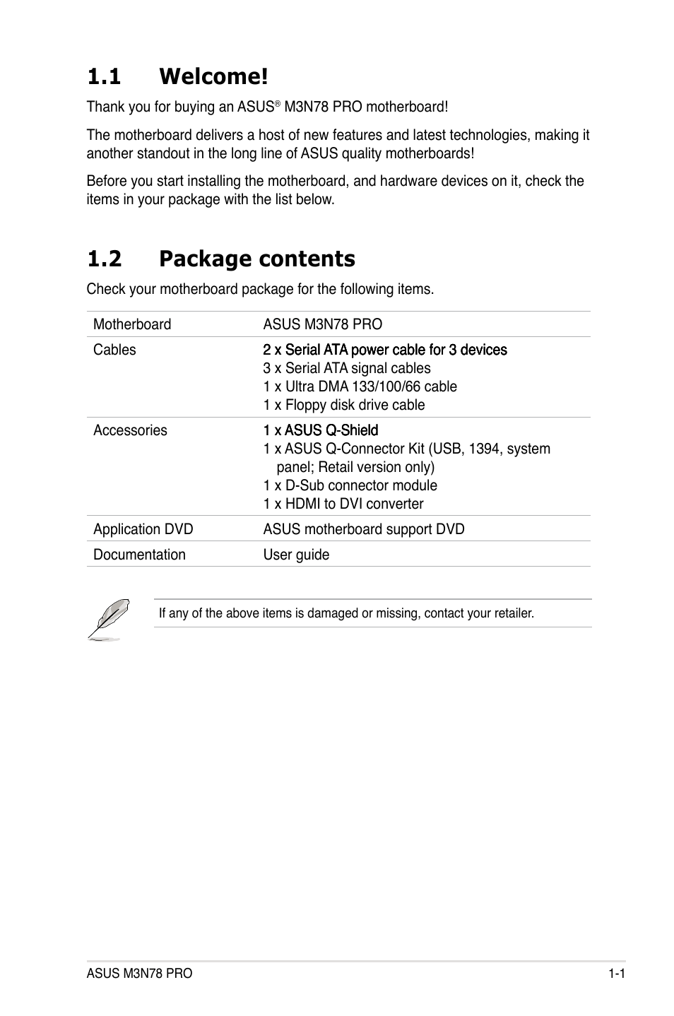 1 welcome, 2 package contents, Welcome! -1 | Package contents -1 | Asus M3N78 Pro User Manual | Page 17 / 168