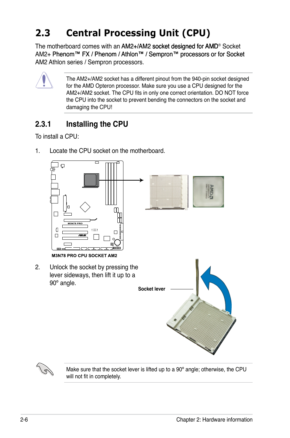 3 central processing unit (cpu), 1 installing the cpu, Central processing unit (cpu) -6 2.3.1 | Installing the cpu -6 | Asus M3N78 Pro User Manual | Page 30 / 168