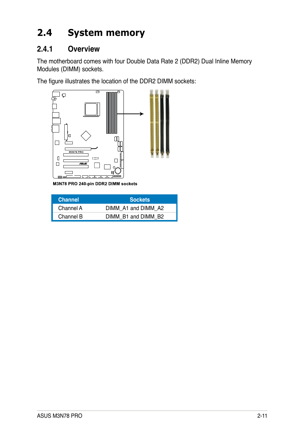 4 system memory, 1 overview, System memory -11 2.4.1 | Overview -11 | Asus M3N78 Pro User Manual | Page 35 / 168