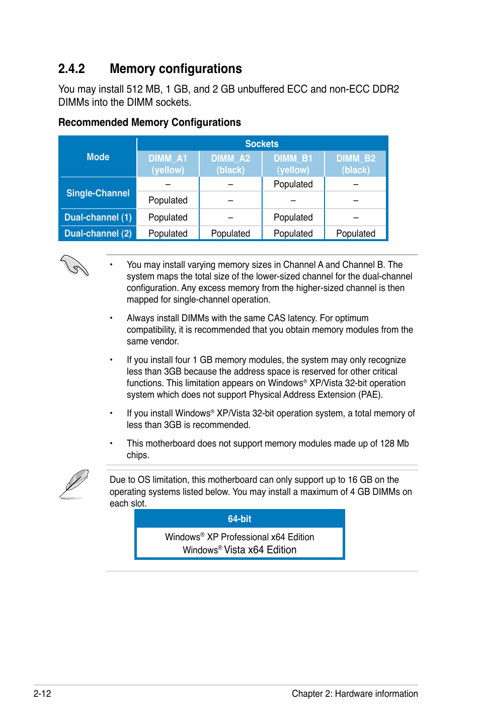 2 memory configurations, Memory configurations -12 | Asus M3N78 Pro User Manual | Page 36 / 168