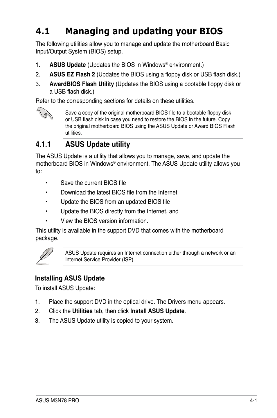 1 managing and updating your bios, 1 asus update utility, Managing and updating your bios -1 4.1.1 | Asus update utility -1 | Asus M3N78 Pro User Manual | Page 71 / 168