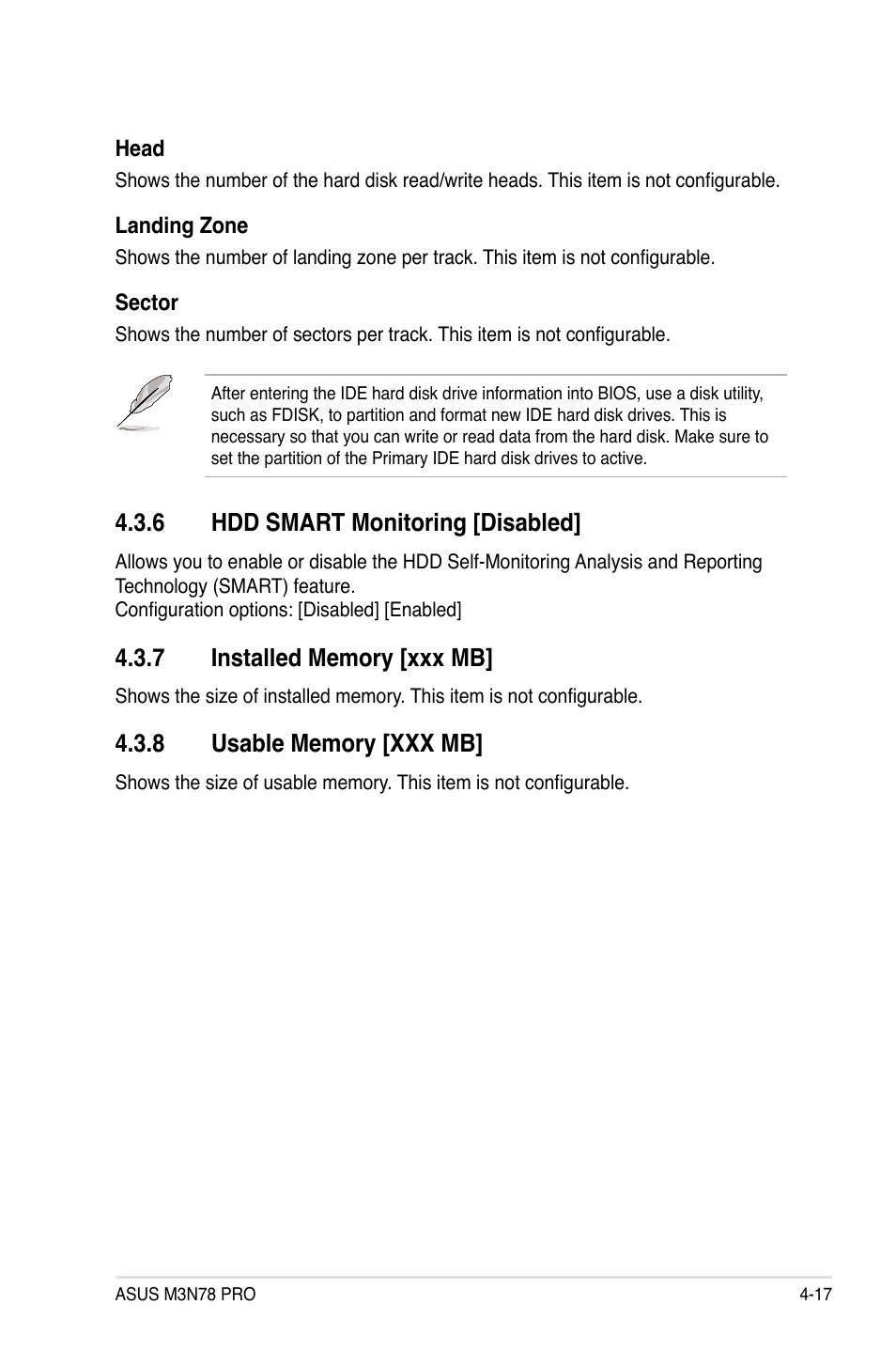 6 hdd smart monitoring [disabled, 7 installed memory [xxx mb, 8 usable memory [xxx mb | Hdd smart monitoring -17, Installed memory -17, Usable memory -17 | Asus M3N78 Pro User Manual | Page 87 / 168