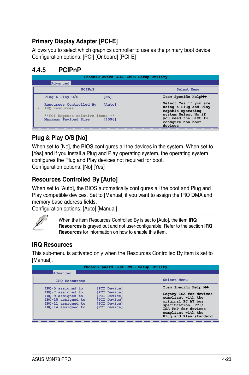 5 pcipnp, Pcipnp -23, Plug & play o/s [no | Resources controlled by [auto, Irq resources, Primary display adapter [pci-e | Asus M3N78 Pro User Manual | Page 93 / 168