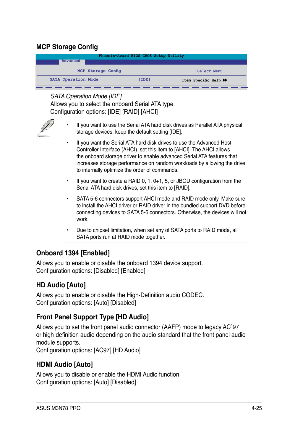 Mcp storage config, Onboard 1394 [enabled, Hd audio [auto | Front panel support type [hd audio, Hdmi audio [auto | Asus M3N78 Pro User Manual | Page 95 / 168