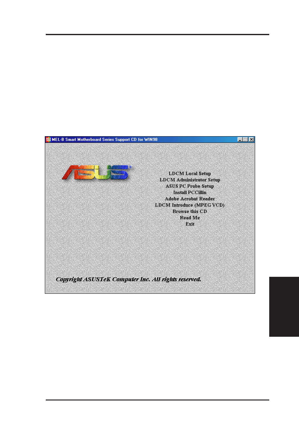 V. software setup, Operating systems, Mel-b support cd (windows 98) | Asus MEL-B User Manual | Page 59 / 88