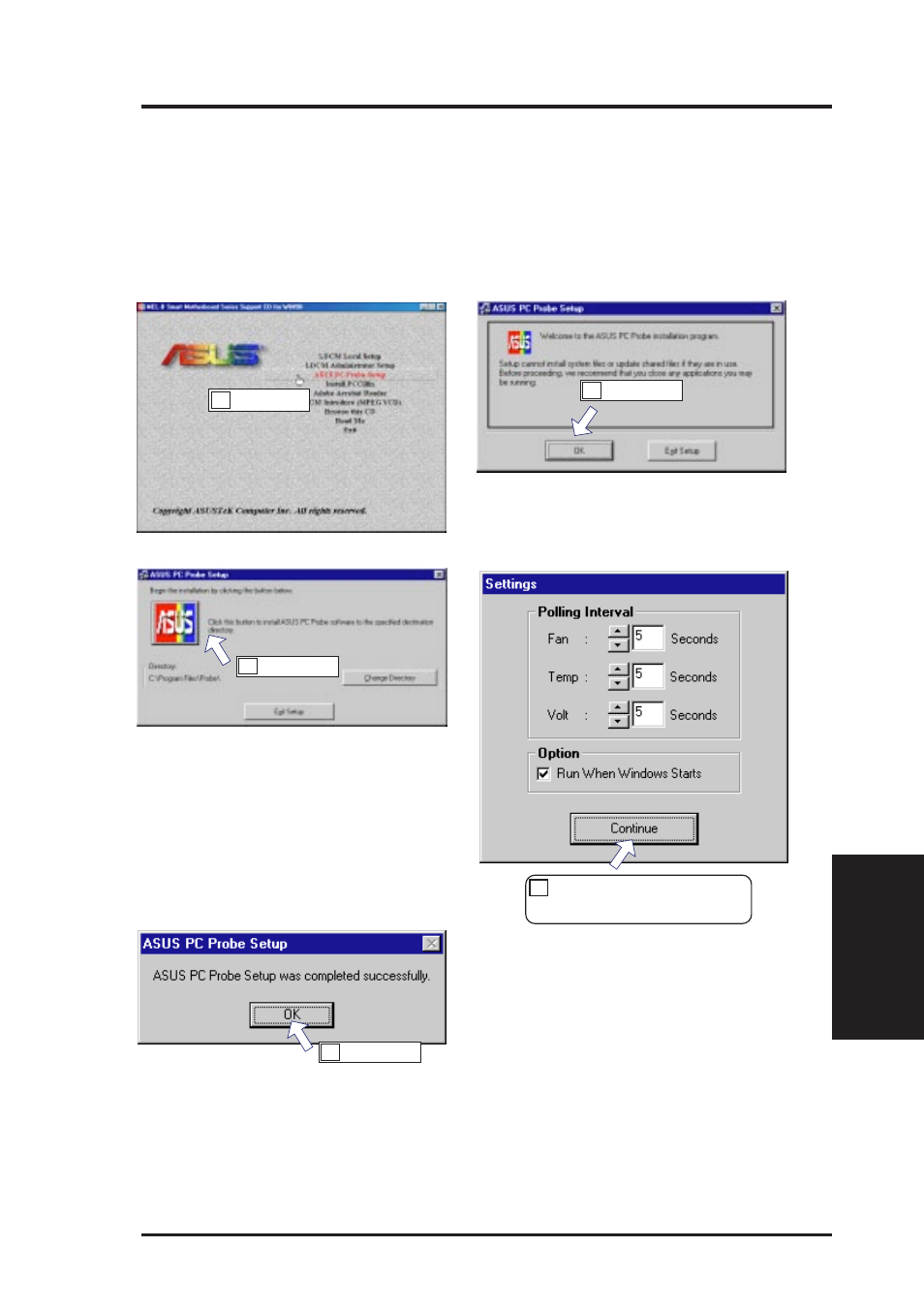 V. software setup, Installing asus pc probe | Asus MEL-B User Manual | Page 63 / 88