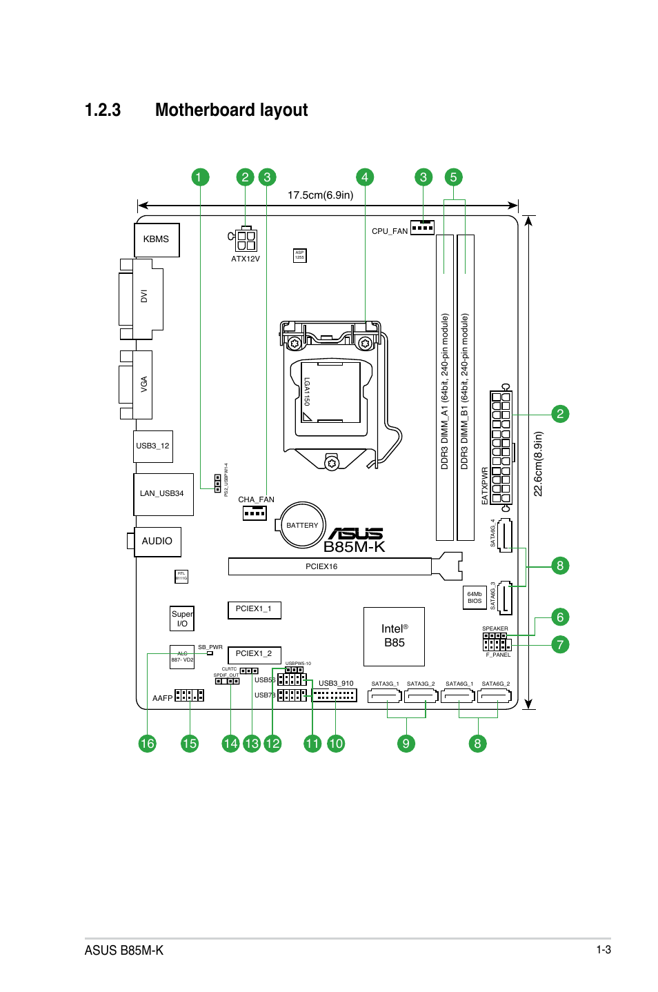 3 motherboard layout, B85m-k, Asus b85m-k | Intel | Asus B85M-K User Manual | Page 11 / 48