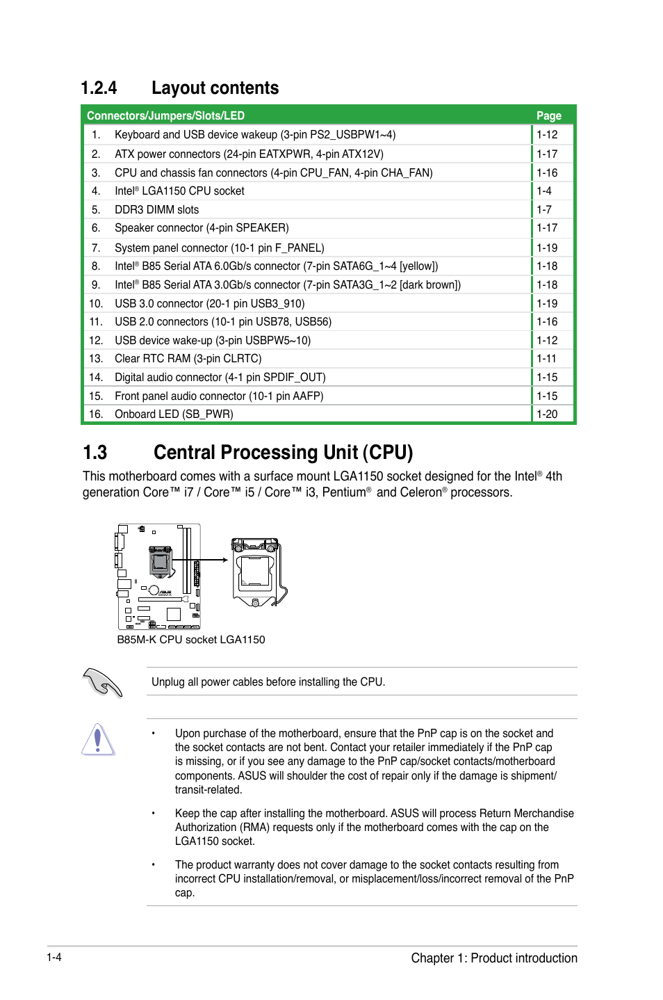 3 central processing unit (cpu), 3 central processing unit (cpu) -4, 4 layout contents | Asus B85M-K User Manual | Page 12 / 48