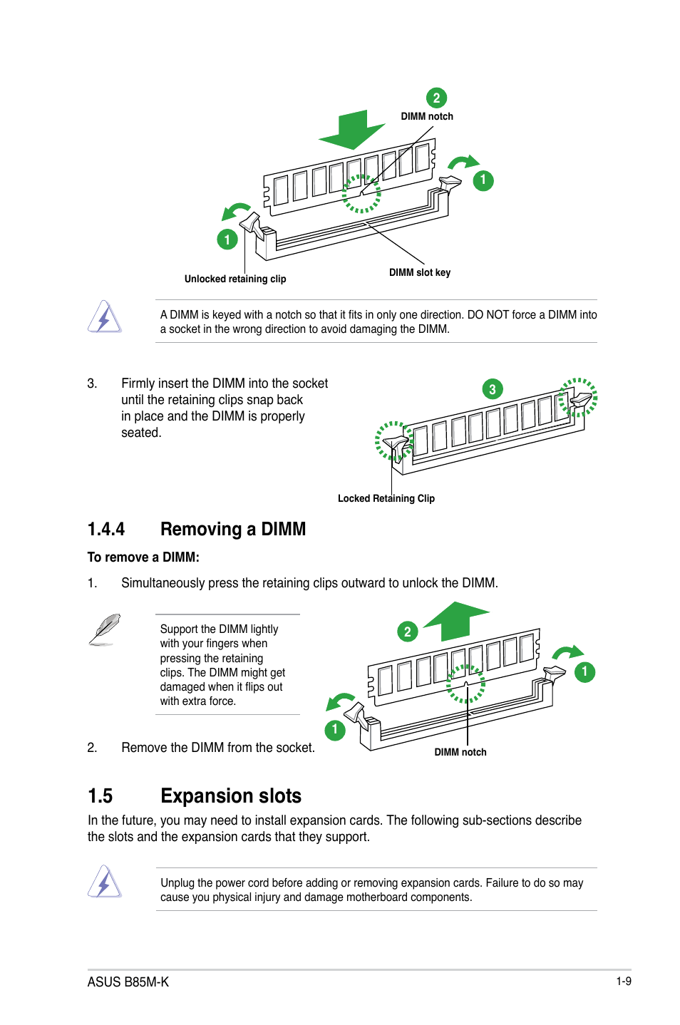 5 expansion slots, 5 expansion slots -9, 4 removing a dimm | Asus B85M-K User Manual | Page 17 / 48