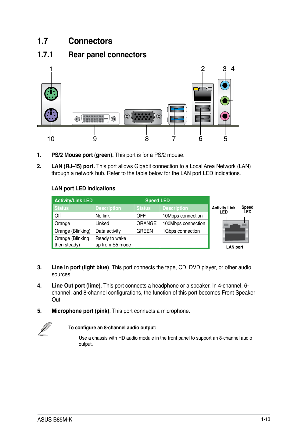 7 connectors, 7 connectors -13, 1 rear panel connectors | Asus B85M-K User Manual | Page 21 / 48
