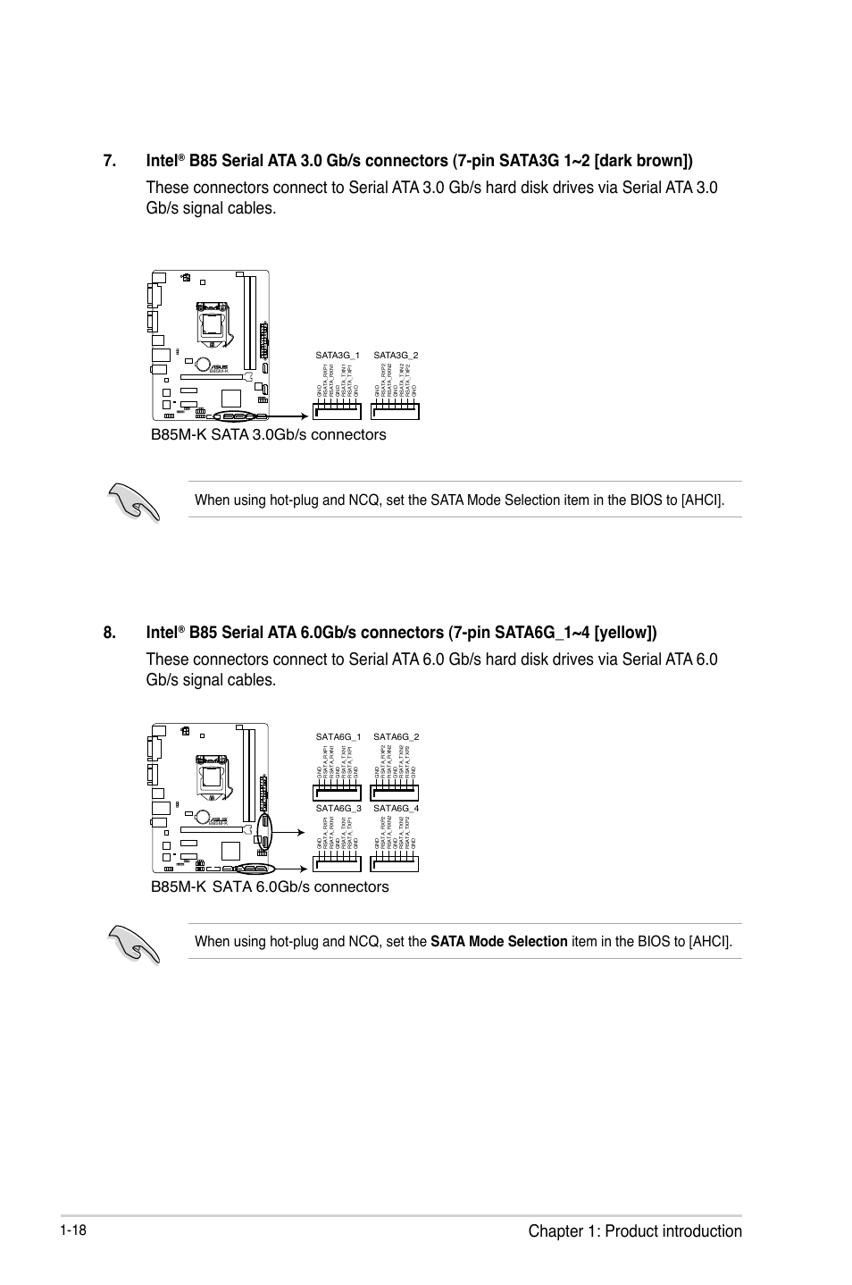 Chapter 1: product introduction, Intel, B85m-k sata 3.0gb/s connectors | B85m-k sata 6.0gb/s connectors | Asus B85M-K User Manual | Page 26 / 48